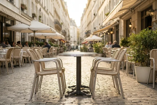 Op een caféterras aan een kasseistraat staan twee lege stoelen tegenover elkaar in warm goudkleurig zonlicht.