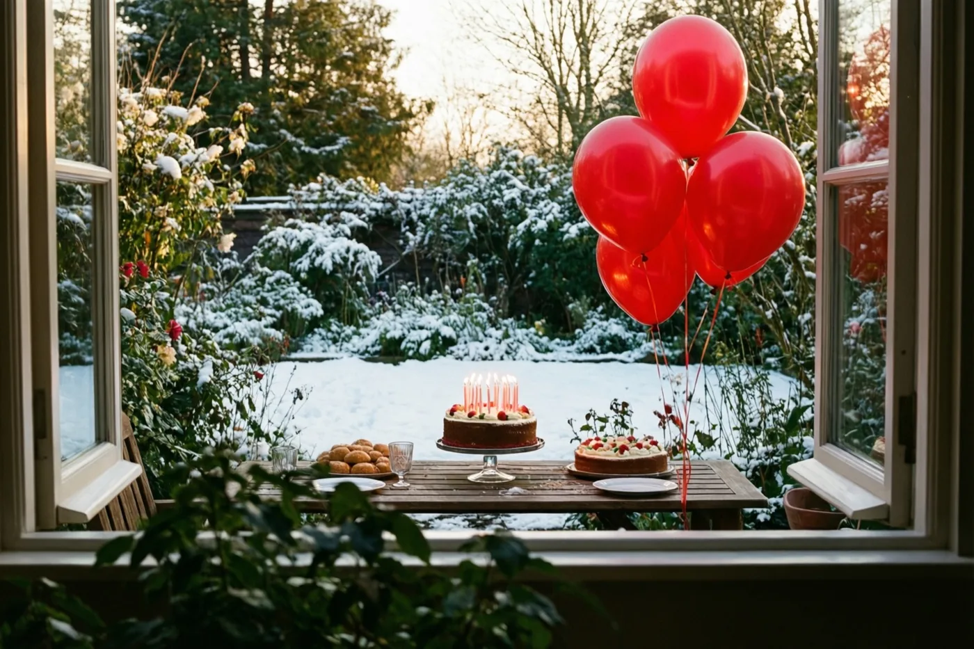 Door een raam zie je een houten tuintafel met twee taarten, waarvan één met brandende kaarsjes, en rode ballonnen in een besneeuwde tuin.