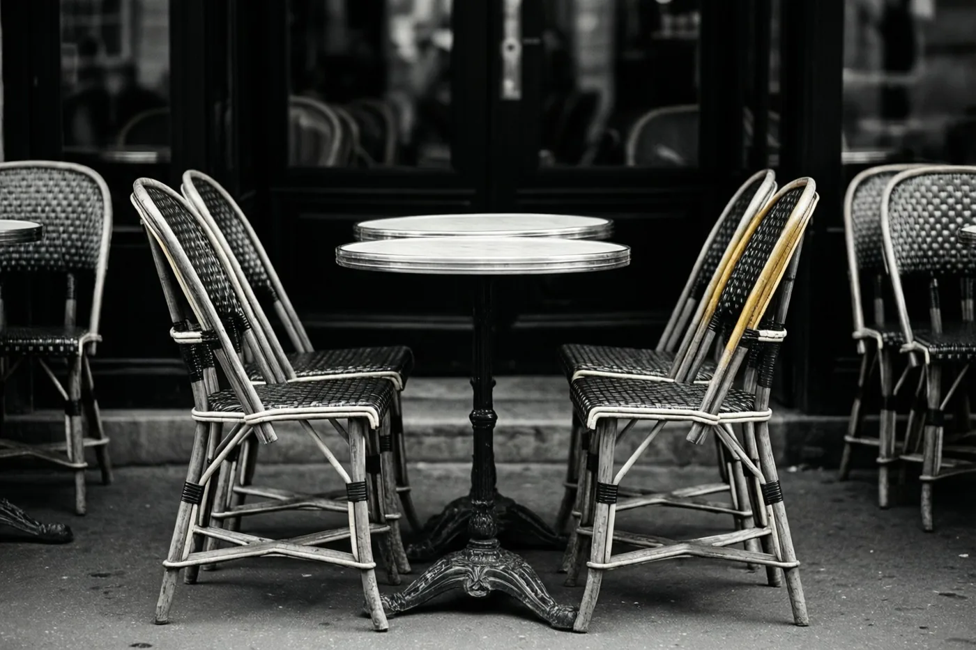 Een zwart-witfoto toont een leeg caféterras met twee stoelen tegenover elkaar rond een kleine ronde tafel.