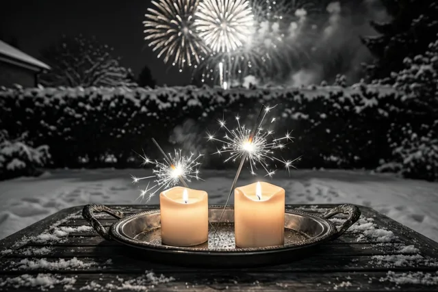 Twee brandende theelichtjes en sterretjes staan op een zilveren dienblad op een besneeuwde tuintafel, met nachtelijk vuurwerk boven de besneeuwde haag.