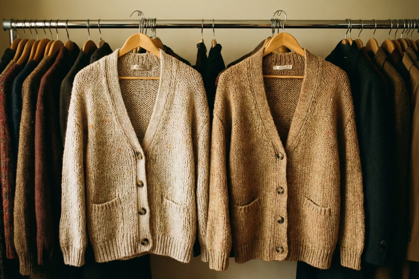 Twee bij elkaar passende gebreide vesten hangen naast elkaar op houten kleerhangers aan een metalen kapstok in warm licht.