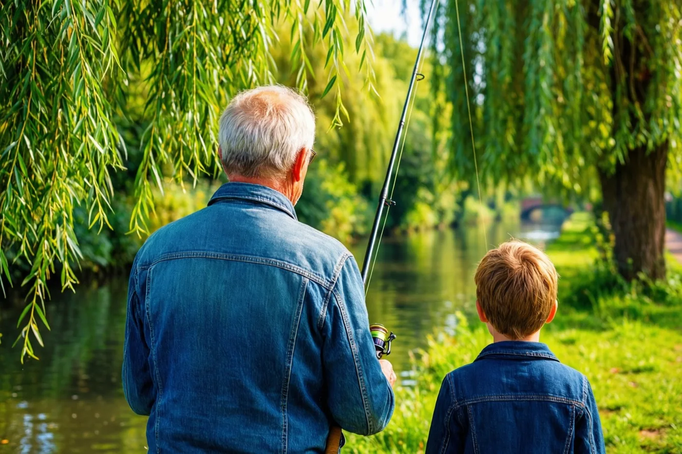 Een oudere man en een jonge jongen in jeansjassen vissen vanaf een kanaaloever tussen groene wilgen, met zonlicht op het water.