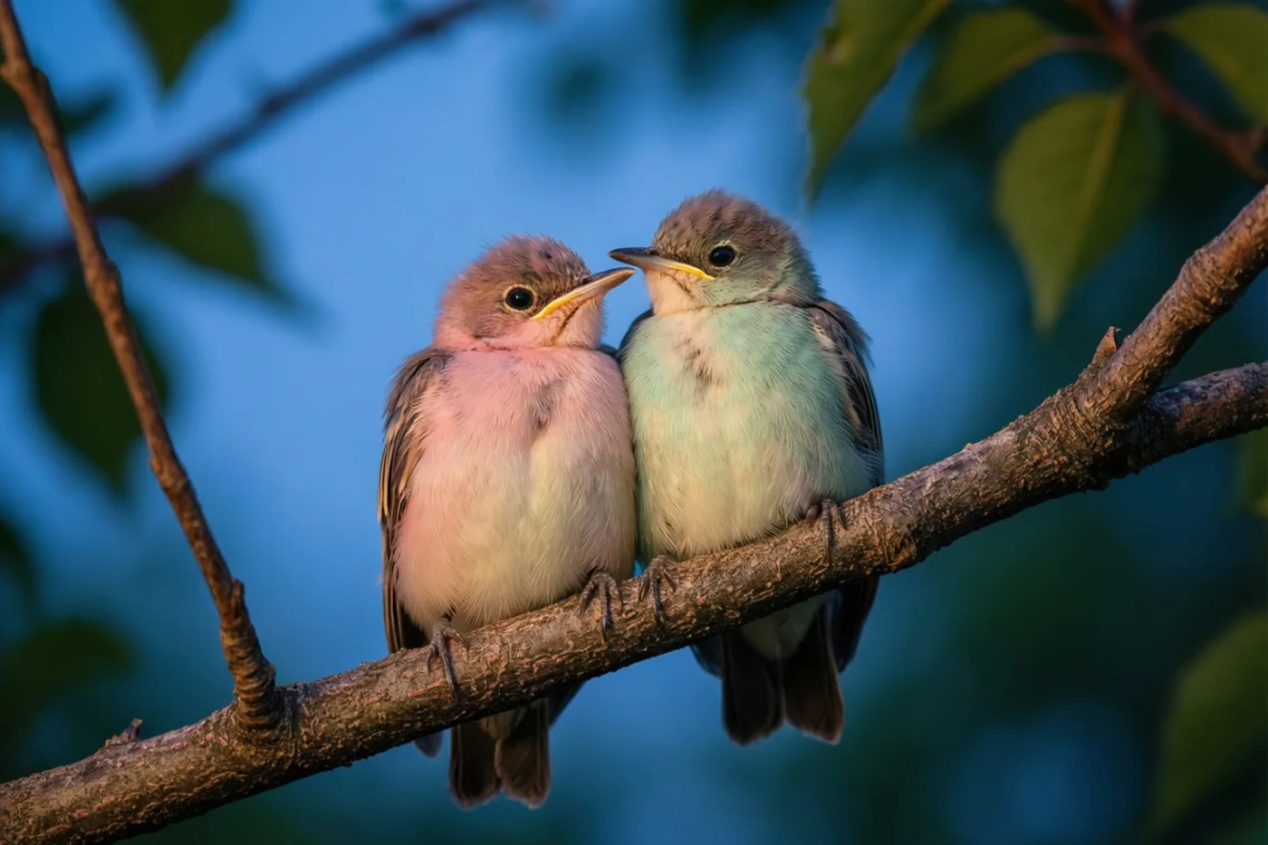 Twee jonge vogels zitten dicht bij elkaar op een boomtak in zacht warm licht tegen een wazige blauwe achtergrond.