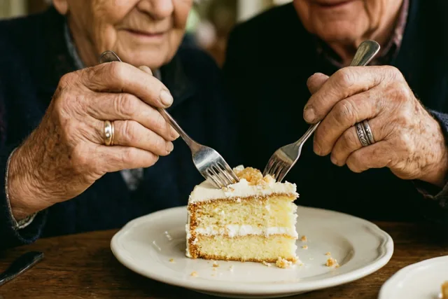 Twee oudere mensen met gerimpelde handen en trouwringen delen met twee vorken een stuk laagjestaart op een wit bord aan een houten tafel in warm daglicht.