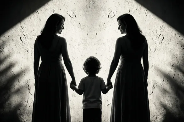 Twee vrouwen en een kind staan rug aan rug en houden handen vast als silhouetten tegen een zonovergoten muur met structuur op een zwart-witfoto.