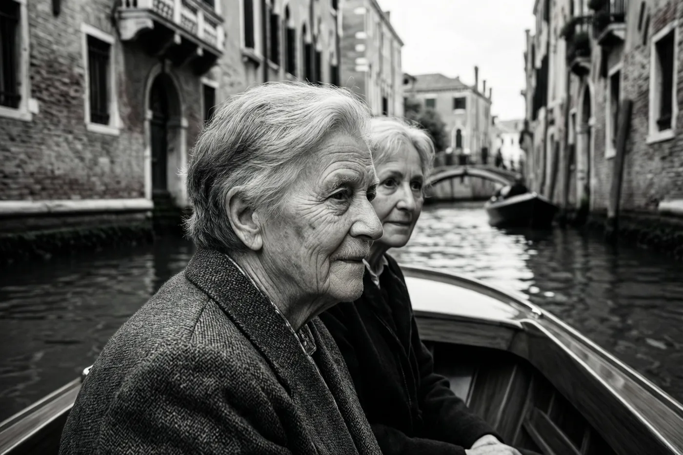 Twee oudere vrouwen zitten in een klein bootje dat langs historische bakstenen gebouwen aan een kanaal vaart, op een zwart-witfoto.