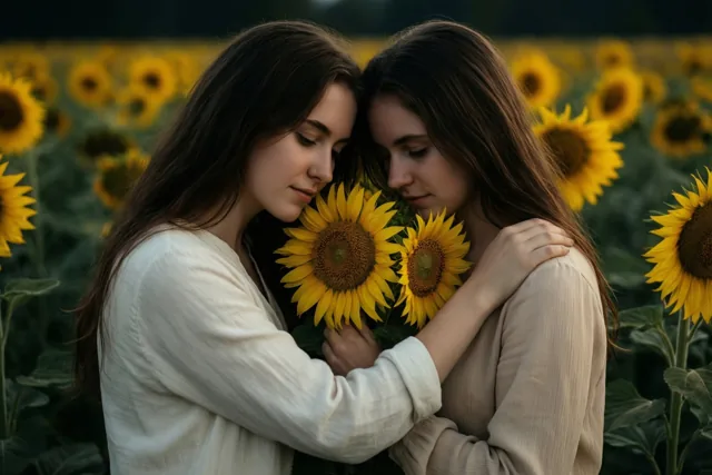 Twee jonge vrouwen met lang donker haar omhelzen elkaar in een zonnebloemenveld, met hun hoofden tegen elkaar en hun gezichten naar twee grote zonnebloemen die ze vasthouden.
