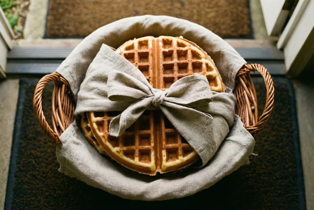 Een mand met twee goudbruine wafels in een beige doek met een strik staat op een donkere deurmat bij een drempel in warm licht.