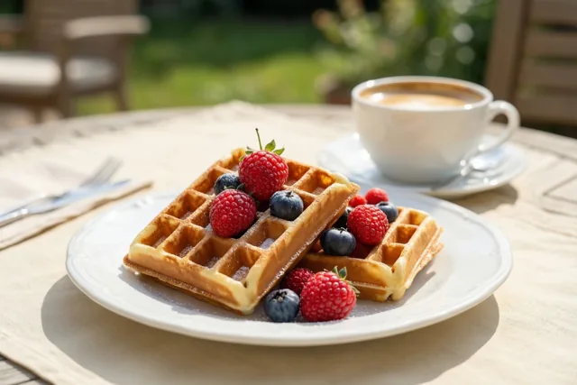 Twee goudbruine Belgische wafels met frambozen en blauwe bessen liggen op een wit bord naast koffie op een zonnige buitentafel, met een onscherpe groene tuin erachter.