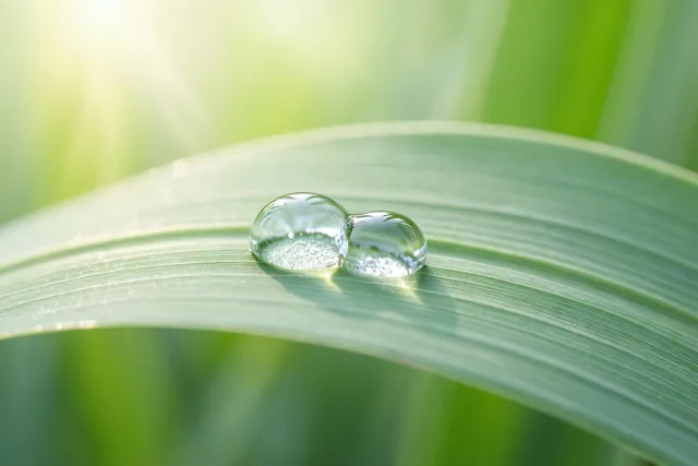 Twee heldere waterdruppels vloeien samen op een gebogen groen blad met zonlicht van achteren en een onscherpe groene achtergrond.