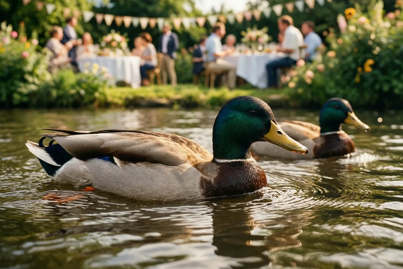 Twee mannelijke wilde eenden zwemmen op rustig water, met op de wazige achtergrond mensen aan tafels en feestelijke vlaggetjes bij een tuinfeest.