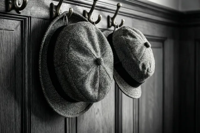 Een grote en een kleine tweedpet hangen naast elkaar aan messing haken tegen een donkere houten wand met panelen, weergegeven in één kleurtoon.