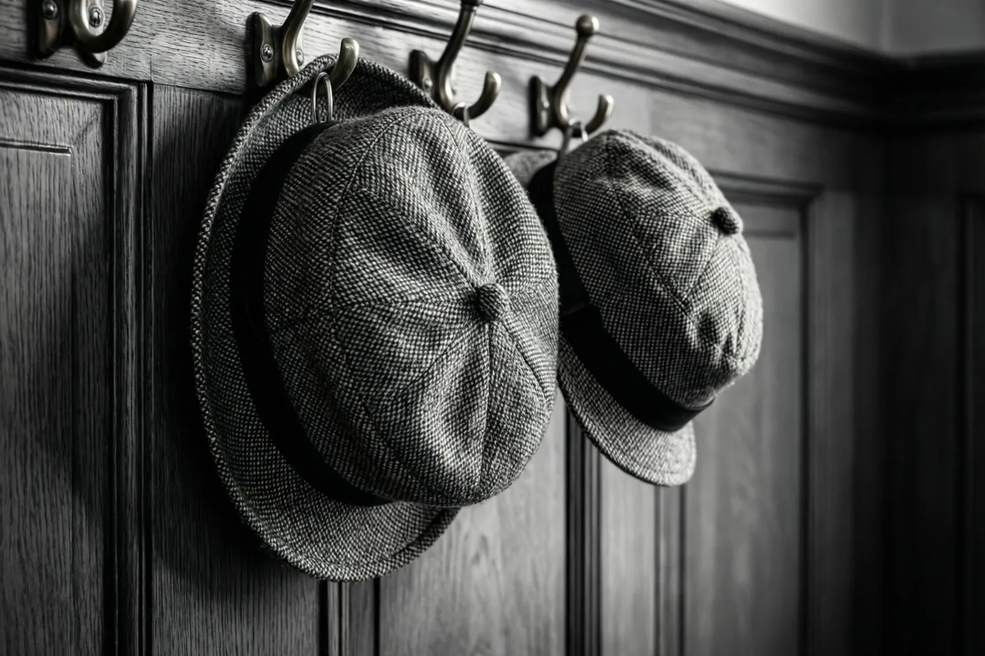 Een grote en een kleine tweedpet hangen naast elkaar aan messing haken tegen een donkere houten wand met panelen, weergegeven in één kleurtoon.