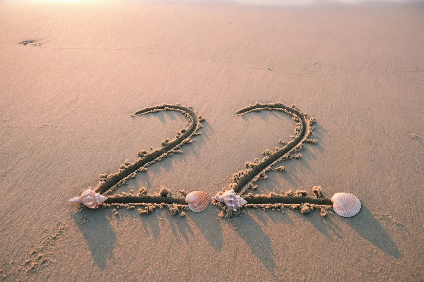 Het getal 22 is in het zand op een strand getekend, met schelpen eromheen in het gouden licht van de zonsondergang.