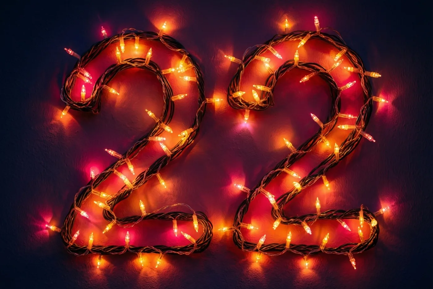 Warme lichtjes vormen 22 tegen een donkere muur, omringd door onscherpe oranje en rode lichtjes.