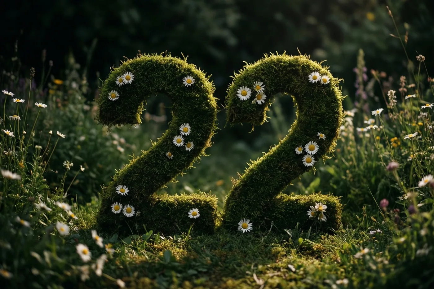 Een groene haag met mos vormt 22 en is versierd met witte madeliefjes in een landelijke tuin bij natuurlijk licht.