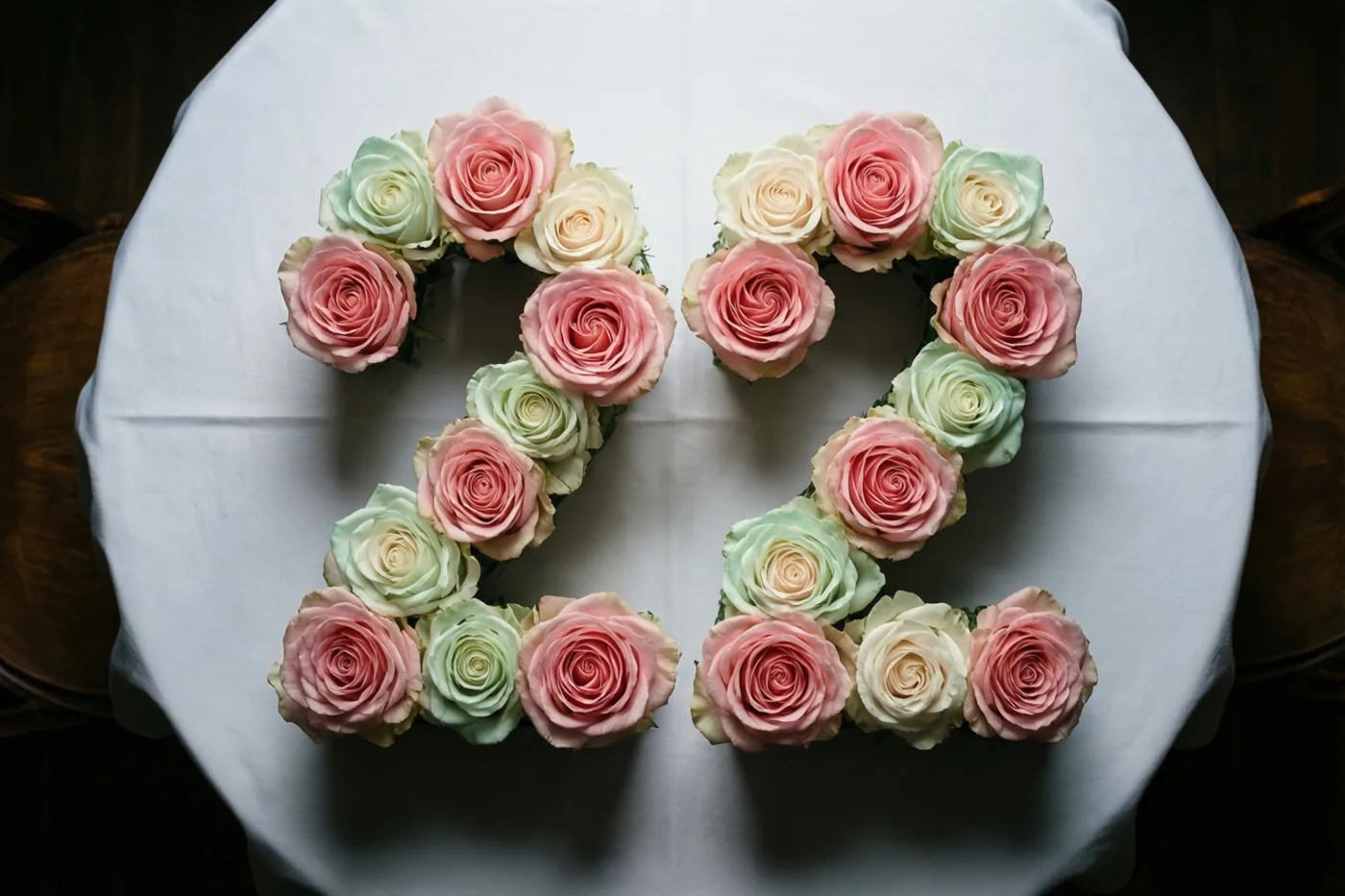Roze en witte rozen vormen 22 op een wit tafelkleed, van bovenaf gezien in zacht licht.