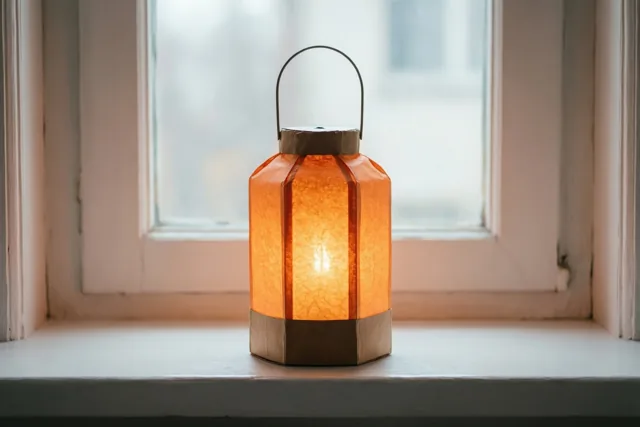 Een lichtgevende oranje en bruine papieren lampion staat op een witte vensterbank, met een onscherp raam op de achtergrond.