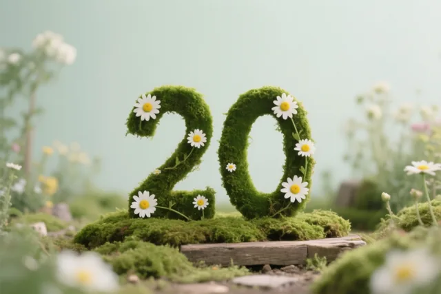 Het getal 20 van groen mos is versierd met witte madeliefjes en staat in een landelijke tuin met onscherpe bloemen op de achtergrond.