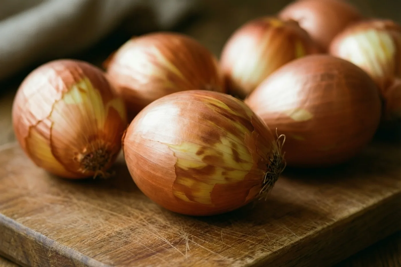 Hele uien met bruine en gele schillen liggen op een versleten houten snijplank in warm licht.