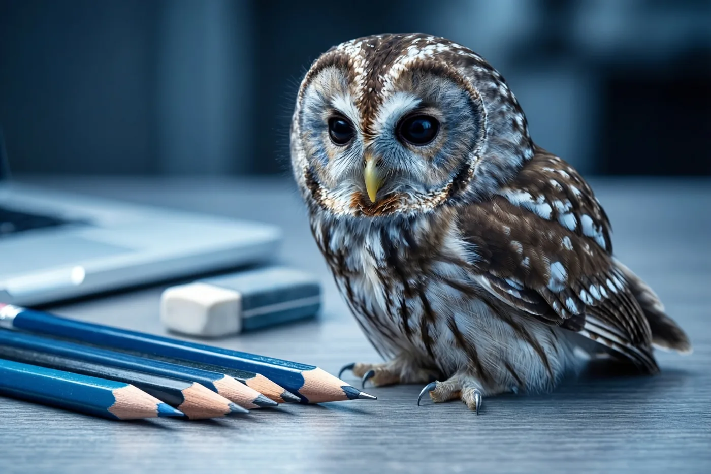 Een bruin-witte uil zit op een houten bureau naast geslepen blauwe potloden en een gom, in zacht licht met koele tinten en een wazige achtergrond.