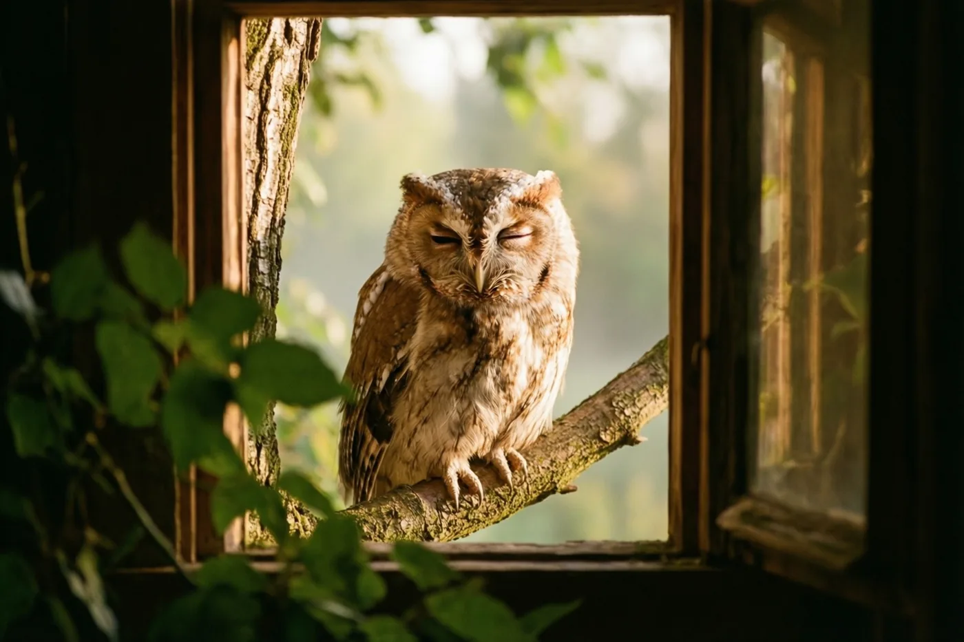 Een slaperige uil met één oog open zit op een tak, gezien door een houten raamkozijn met groen eromheen in zacht ochtendlicht.