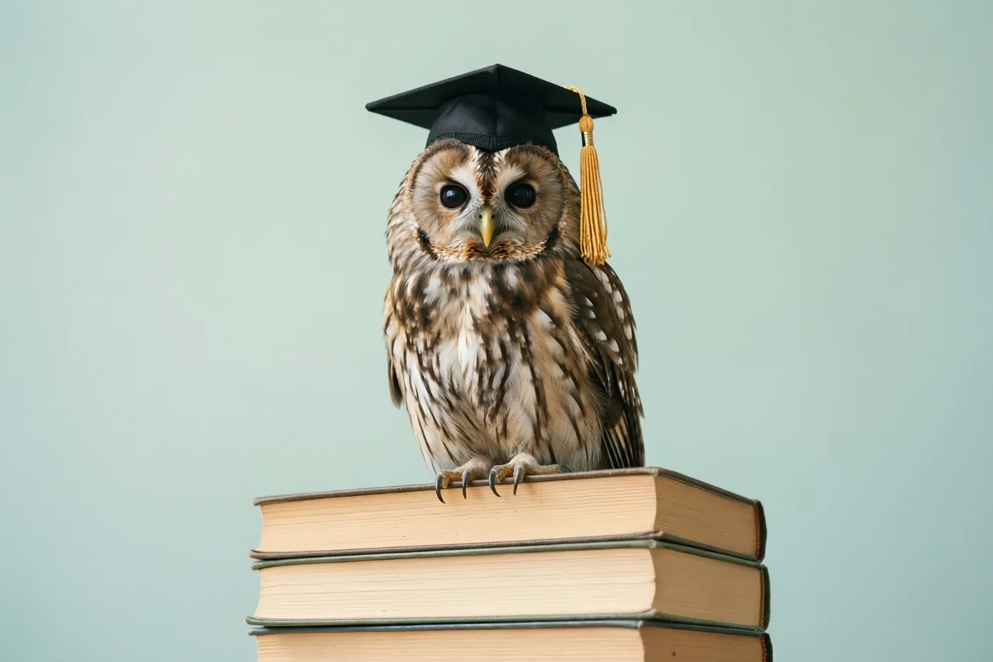 Een uil met een afstudeerhoed zit op een stapel boeken tegen een effen lichtgroene achtergrond, met een gouden accent aan het kwastje.