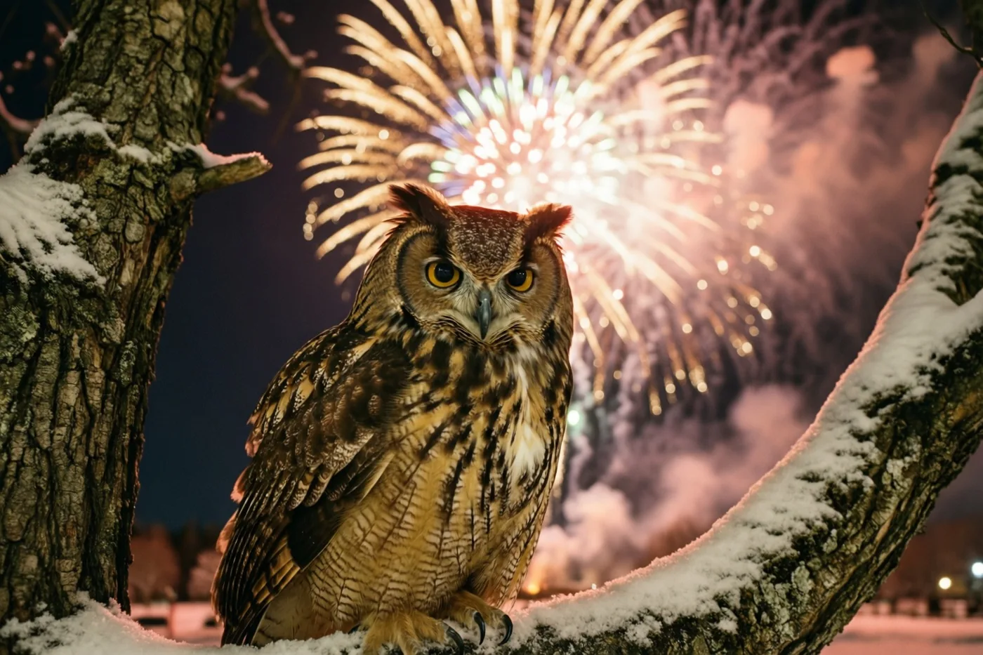 Een uil met gele ogen zit 's nachts op een besneeuwde boomtak, met vuurwerk dat de sneeuw achter hem warm verlicht.