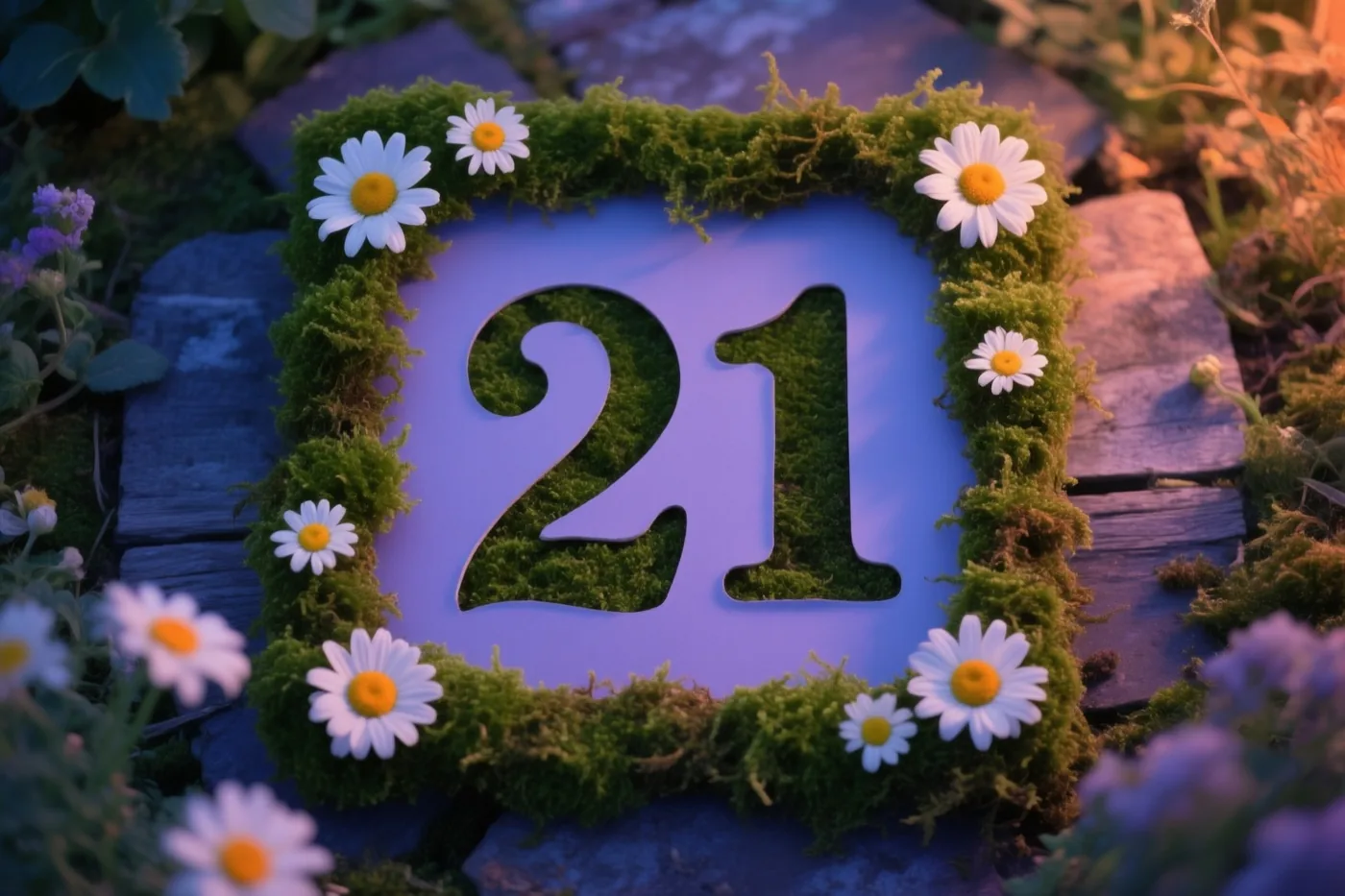 Een uit mos uitgesneden getal 21 is omlijst met groen mos en witte madeliefjes in een tuin met houten planken en zachte paarse en groene tinten.