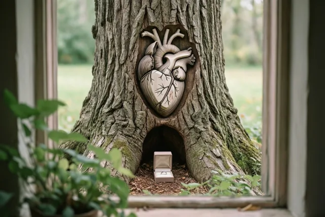Door een raamkozijn is een oude boom met een anatomisch hartvormig snijwerk in de schors en een open ringdoosje in een holte eronder te zien, met groen op de voorgrond.