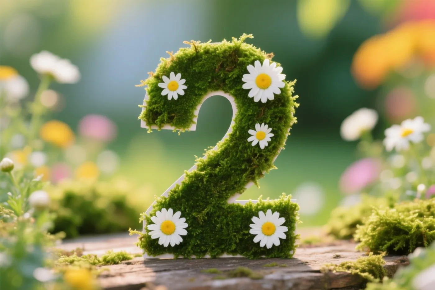 Een cijfer 2 is uitgesneden in een groen moskader met madeliefjes in een landelijke tuinomgeving.