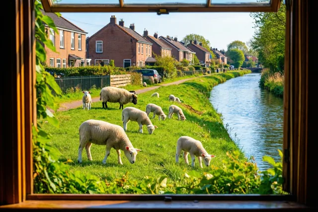 Door een raam zie je schapen en lammetjes grazen op een grasdijk naast een rustig kanaal, met bakstenen huizen in de verte onder een heldere lucht.