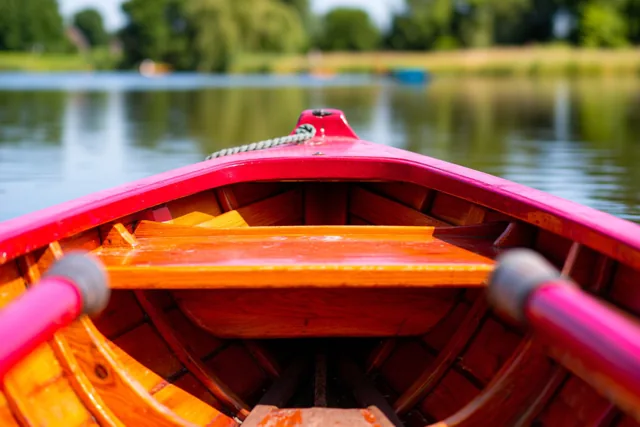 Vanuit een felgeschilderde houten roeiboot in roze, oranje en houttinten is een kalme vijver te zien, met onscherpe groene bomen op de achtergrond.