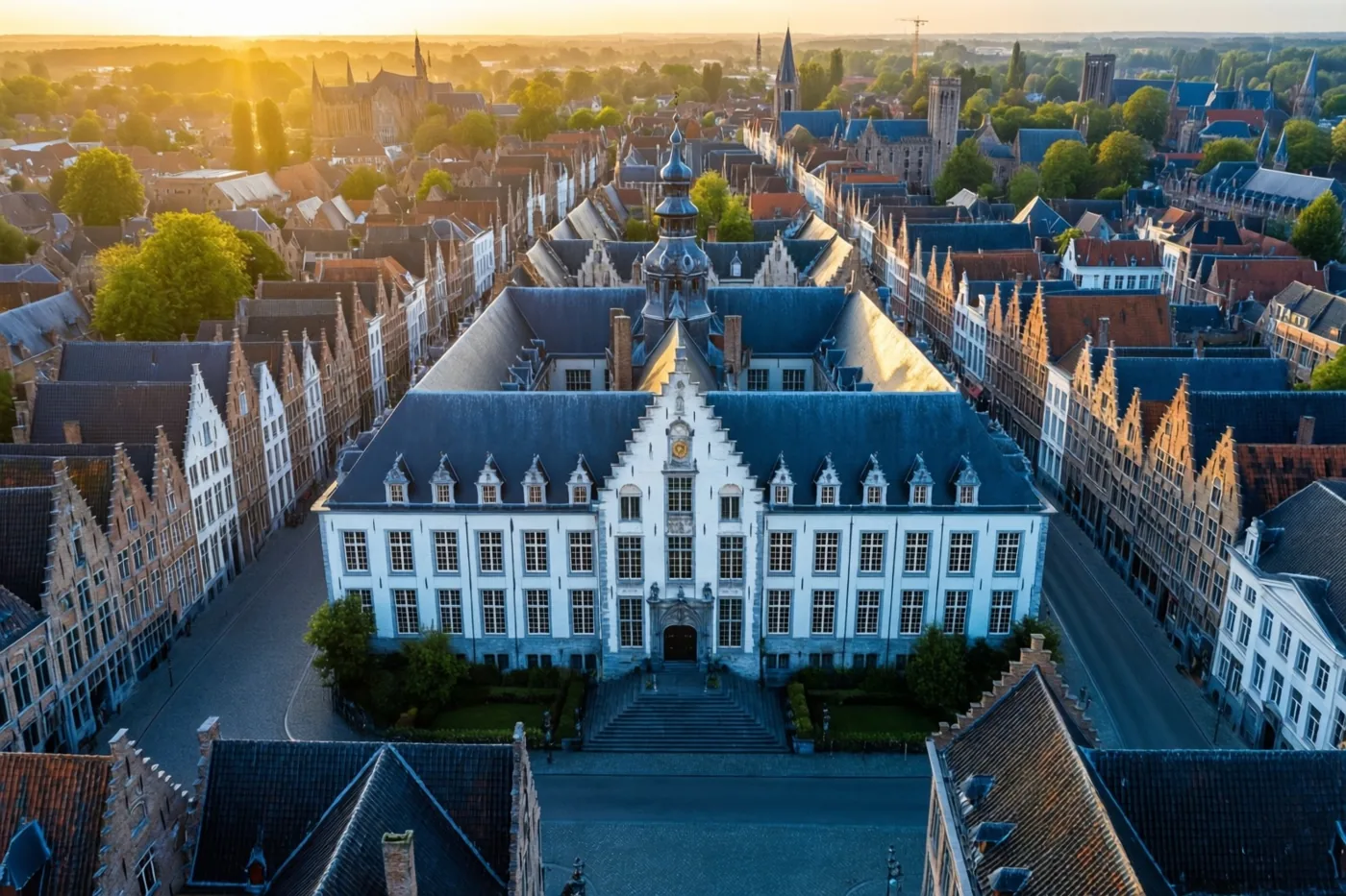 Vanuit de lucht is een statig universiteitsgebouw te zien tussen traditionele gevelhuizen in een historisch Vlaams stadje, met donkerblauwe daken en witte gevels in warm zonlicht.