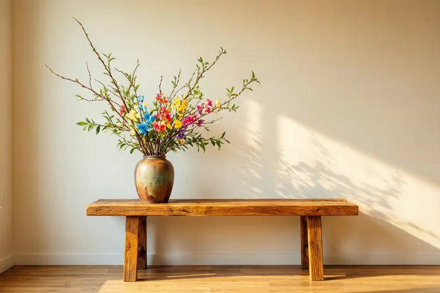 Een houten bank met een keramieken vaas met kleurrijke bloesemtakken staat tegen een effen muur in een sober interieur met warm zonlicht en zachte schaduwen.