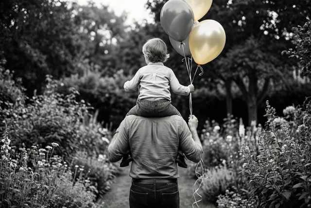 Een vader loopt met een kind op zijn schouders door een tuin, allebei met ballonnen die goud- en zilverkleurig afsteken tegen het verder zwart-witte beeld.