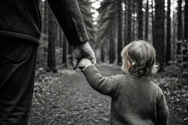 Een vader houdt de hand van een klein kind vast tijdens een wandeling over een bospad, op een zwart-witfoto.