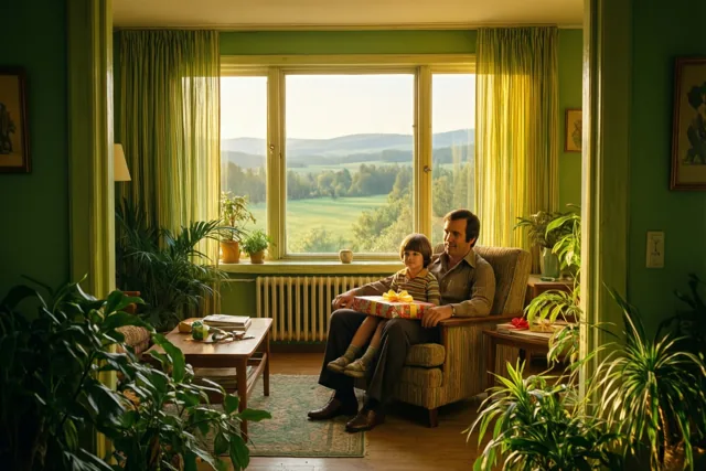 Een vader zit met zijn kind op schoot en een ingepakt cadeau in een zonnige jarenzeventigwoonkamer met groene muren, houten meubels, veel planten en een groot raam met uitzicht op een landelijk landschap.