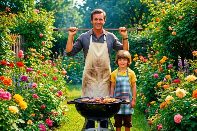 Een glimlachende vader en zoon dragen allebei een schort en staan met een barbecue tussen hen in een zonnige tuin vol bloemen.