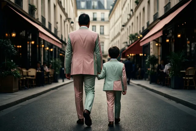 Een vader en zoon lopen hand in hand door een smal straatje met caféluifels en gebouwen, in bij elkaar passende roze en mintgroene pakken.