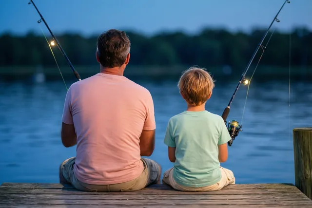 Een vader en zoon zitten van achteren gezien naast elkaar met elk een hengel op een houten steiger bij schemering, aan rustig water met een donkere bomenrij erachter.