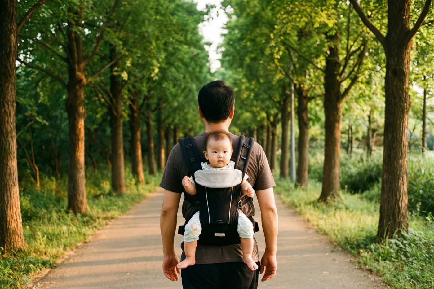 Een vader met een baby in een draagzak wandelt van de kijker weg over een pad in een groen park, waar zonlicht door de bomen valt.