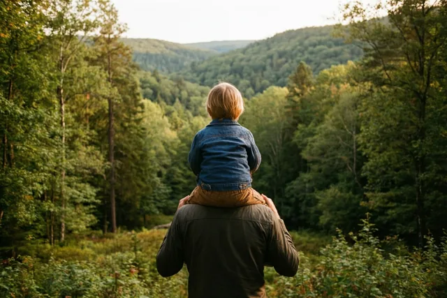 Een vader met een klein kind op zijn schouders kijkt van achteren gezien uit over een groene, beboste vallei.