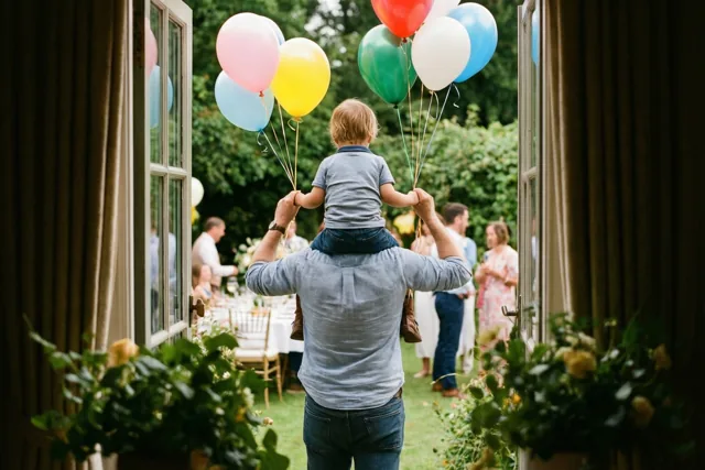 Door open ramen met gordijnen zijn een vader en een kind op zijn schouders te zien, allebei met kleurrijke ballonnen, met groen en gasten op de achtergrond.