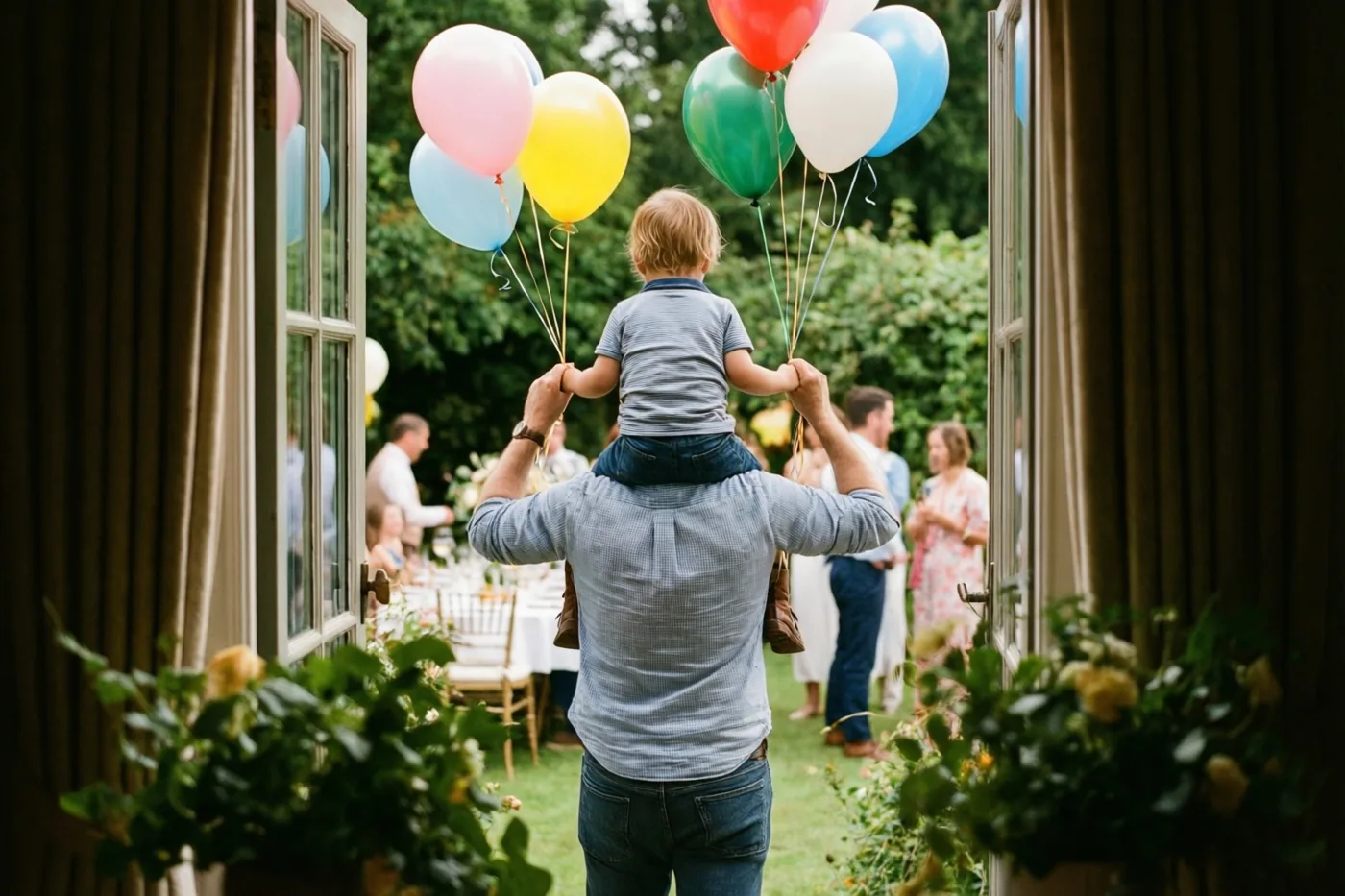 Door open ramen met gordijnen zijn een vader en een kind op zijn schouders te zien, allebei met kleurrijke ballonnen, met groen en gasten op de achtergrond.