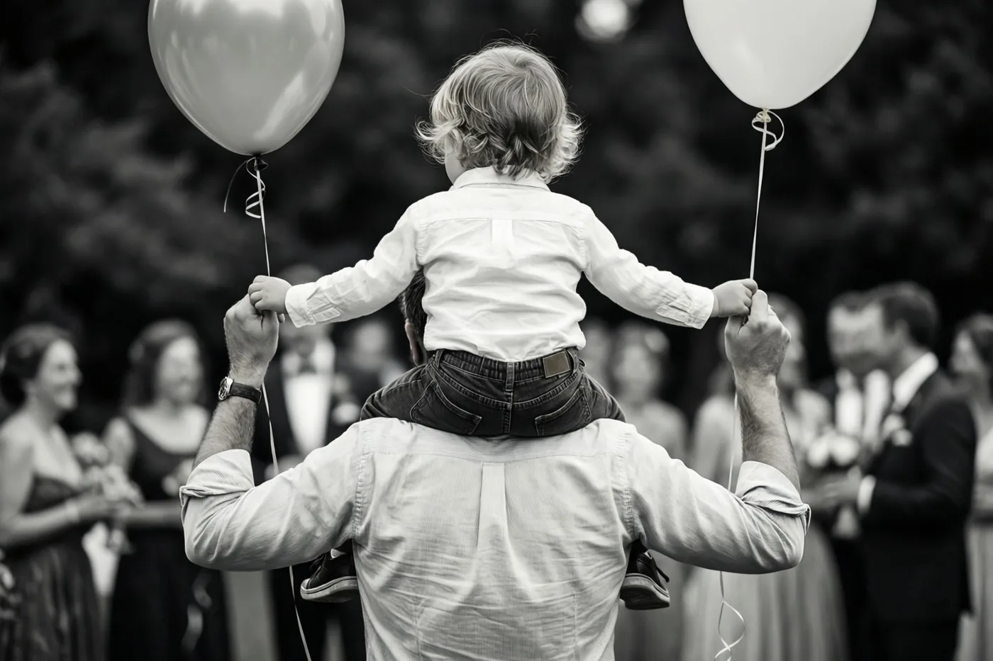 Een zwart-witfoto toont een vader met een kind op zijn schouders tijdens een tuinfeest, terwijl ze allebei ballonnen vasthouden.