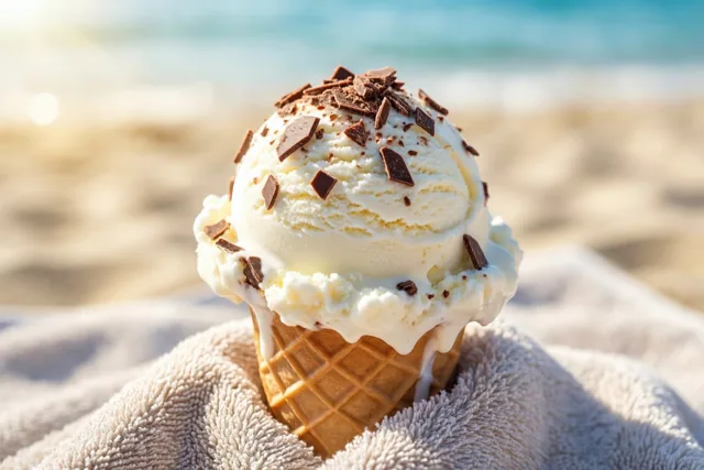 Een bol vanille-ijs met chocoladeschilfers zit in een wafelhoorntje op een strandhanddoek, met onscherp strand en zee op de zonnige achtergrond.