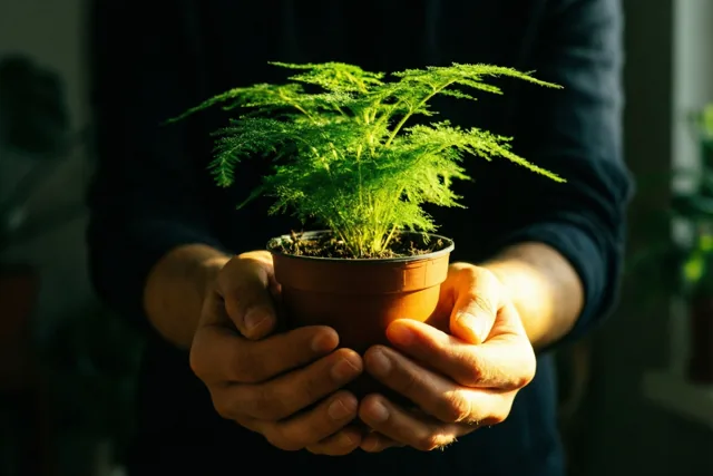Twee handen houden een kleine varen in een terracottapot vast in warm zonlicht, binnenshuis tegen een donkere achtergrond.