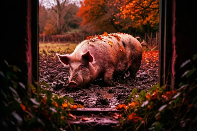 Door een donker houten kader is een varken te zien dat met oranje bladeren op zijn rug in de modder rolt, met oranje bomen op de achtergrond.