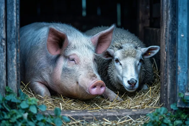 Een varken en een schaap liggen naast elkaar op stro in een rustieke houten schuur, in zacht licht en gedempte aardetinten.